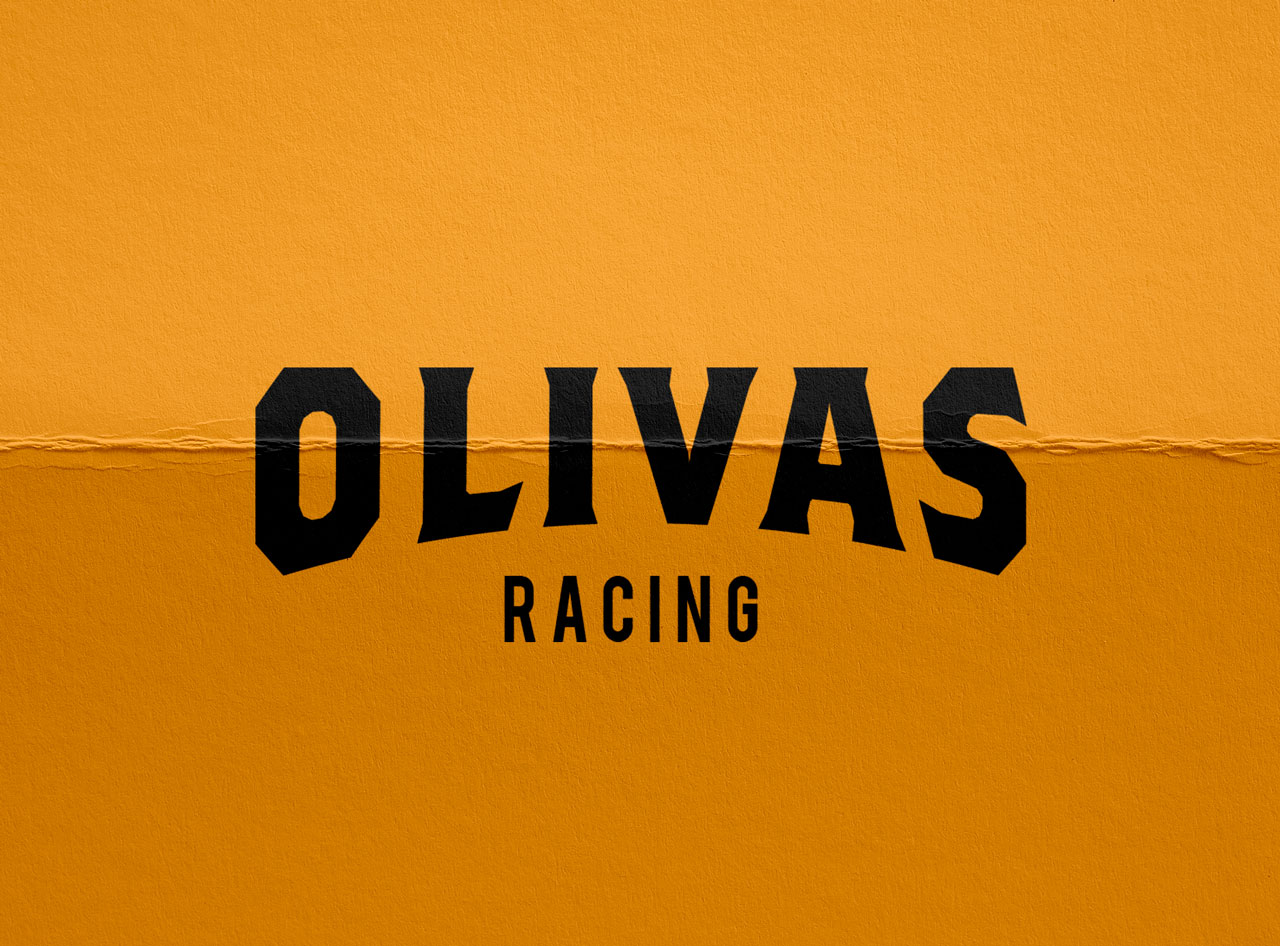 Olivas Racing logo in black on a bright orange background