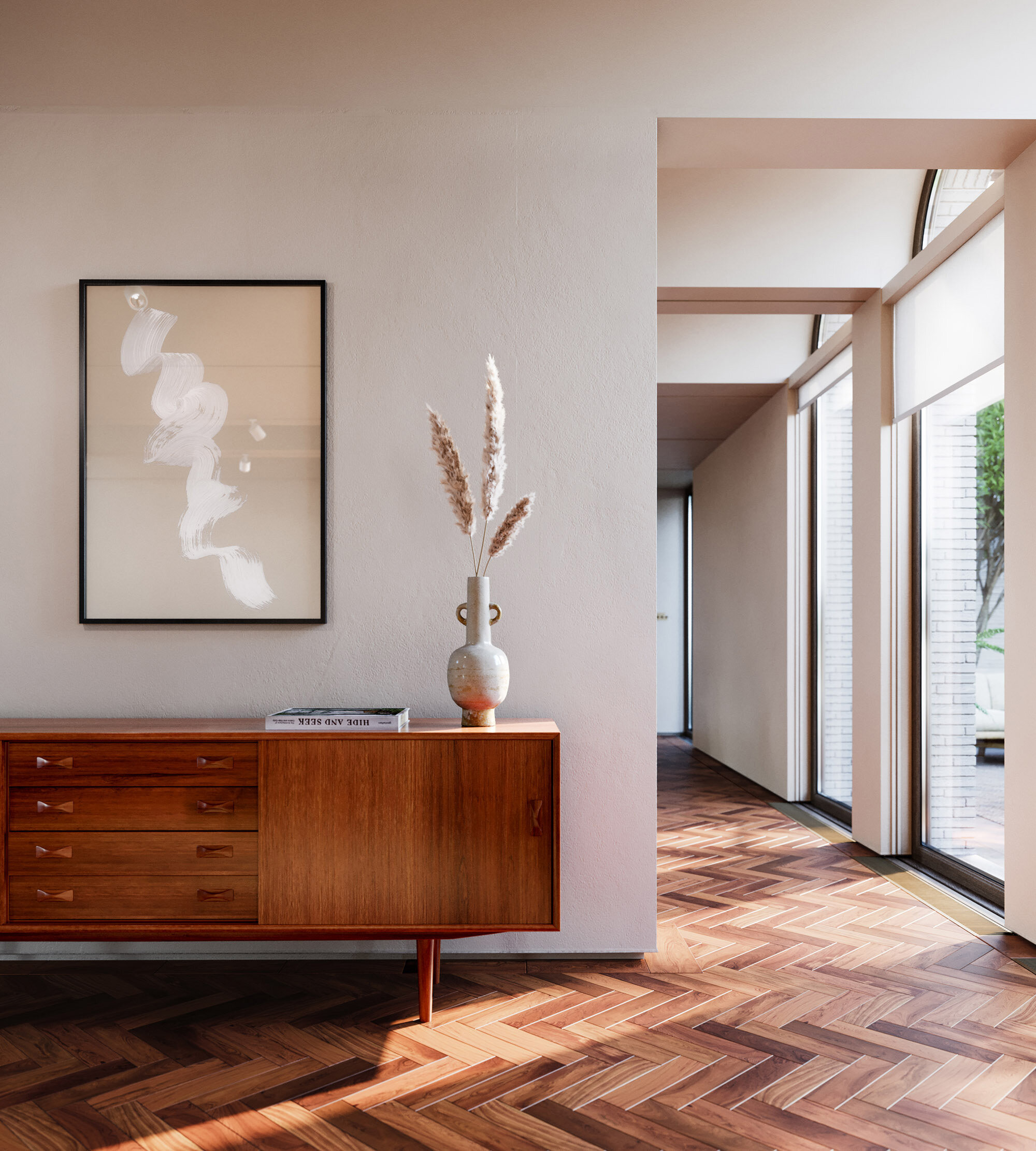 Photo of a short wooden dresser with peg legs